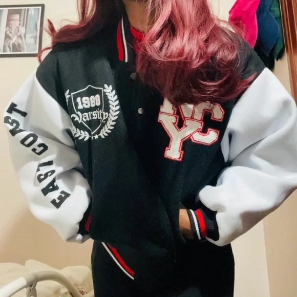 Forever 21 Black NYC East Coast Varsity Bomber Jacket SIZE M ❤️🖤🤍 - Picture 6 of 8